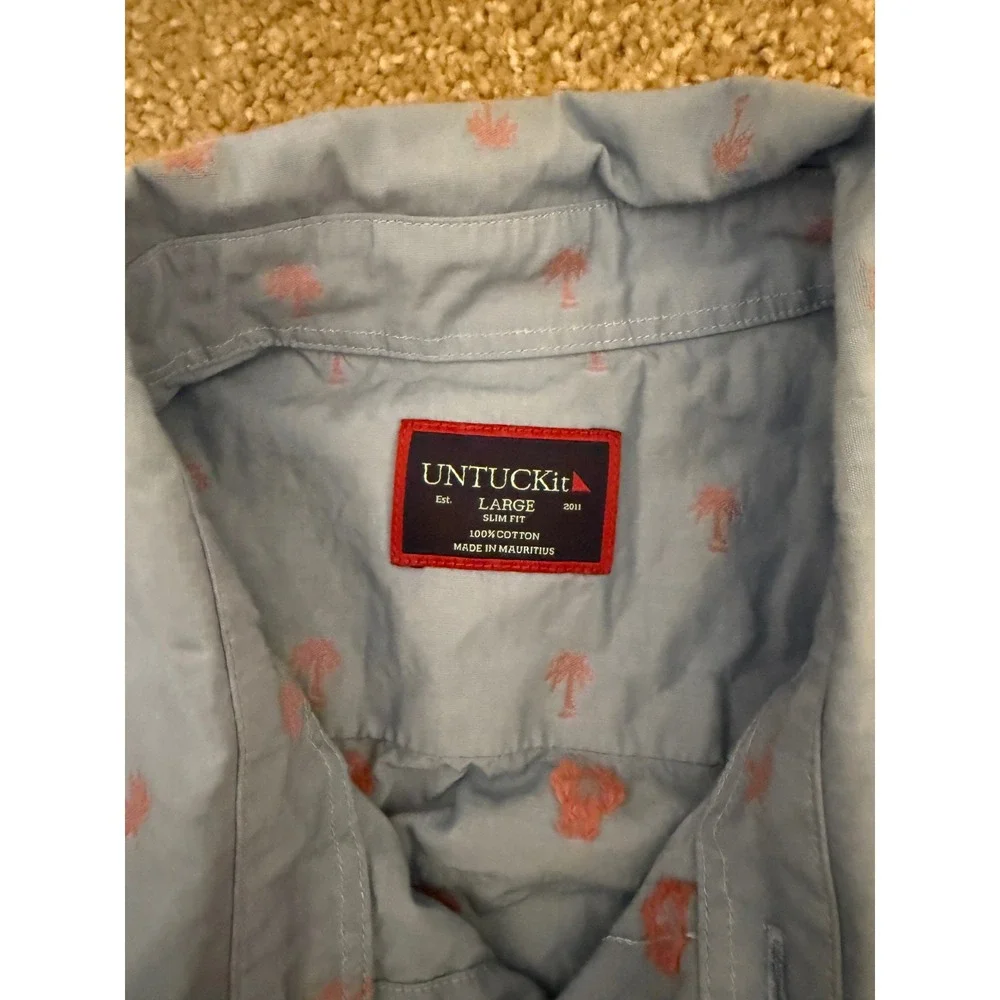 UNTUCKit Hamilton Shirt Mens Large Blue Slim Fit Excellent Palm Tree Embroidered